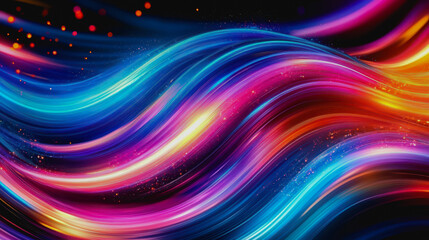Glowing digital waves of neon light, colorful particles, and futuristic cosmic landscape