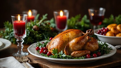 A perfectly roasted turkey on a festive table, accompanied by cranberry sauce and fresh greens.
