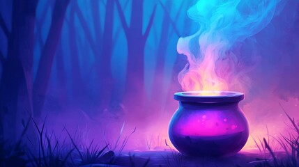 Potion bubbling over in a cauldron, vibrant colors swirling, ghostly shapes forming from the mist, set in a spooky Halloween forest