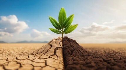 A green sapling emerges from cracked, dry soil, symbolizing resilience and hope in a harsh, arid landscape under a bright sky.