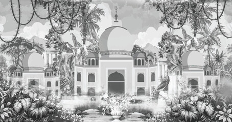 Adobe Illustrator ArtworkTraditional Mughal temple lattice wall peacock tree pattern illustration, Indian Mughal hand drawn floral garden with arch and peacock illustration for invitation © Nayan