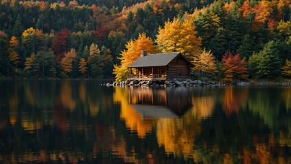 Fototapeta premium A picturesque log cabin surrounded by fall foliage reflects beautifully in a calm lake, radiating tranquility.