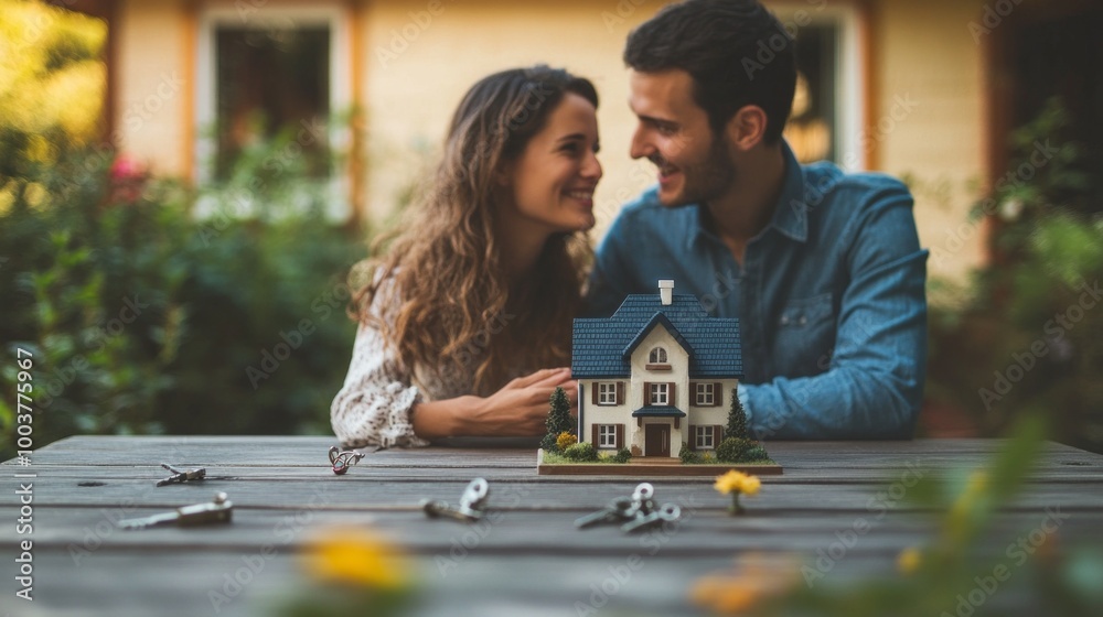 Poster A couple is sitting on a table with a model house in front of them
