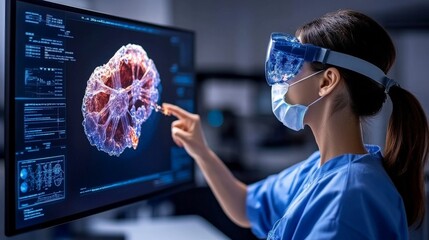 Medical Breakthrough: A female scientist wearing a face mask and safety goggles, points at a 3D model of a cell on a computer screen.