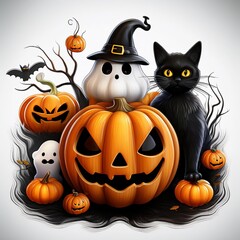 A collection of spooky Halloween items like cauldrons, skeleton masks, and bats displayed together, Generative AI