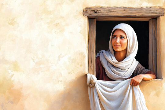 Illustration of Rahab looking out of a window, symbolizing her biblical role in protecting the spies, representing faith, courage, and divine purpose.