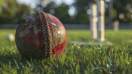 A close up view of a old well used red cricket ball on a grass pitch next to white metal wickets