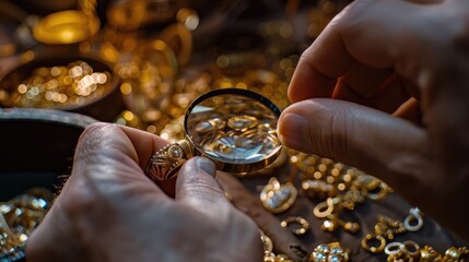 jeweler looking at jewelry through magnifying glass jewerly inspect and verify wedding ring in pawnshop