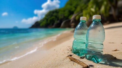 Two plastic water bottles sit on a sandy beach, with clear water and greenery in the background, highlighting environmental concerns.