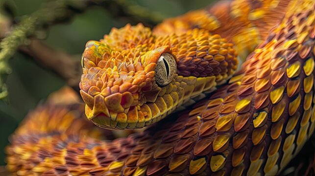 Close up of a venomous African Bush Viper snake Atheris squamigera