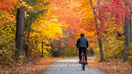 Obraz premium Cyclist Riding Through a Forest Path During Fall Foliage
