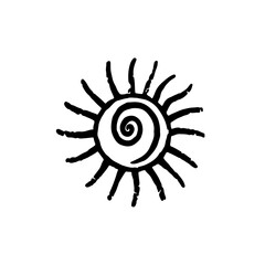 Hand-drawn spiral sun symbol in black and white. Ideal for tribal designs, art, and summer-inspired projects.