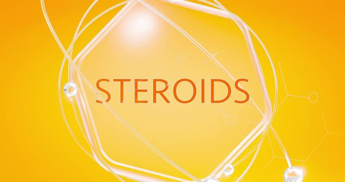 Steroids inscription on a hexagon with electrons and orbitals spinning around. 3d render on orange background
