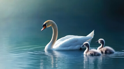 Fototapeta premium a swan swimming with two cygnets in tranquil blue water