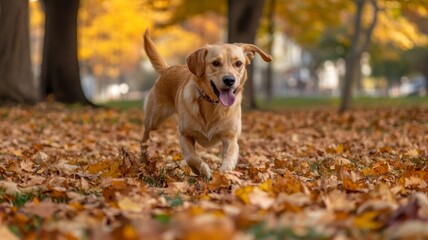 Golden Retriever Running Through Autumn Leaves