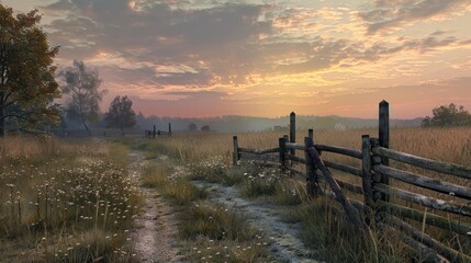 Fototapeta premium Sundown s Charm Weathered Fence and Country Road in Twilight