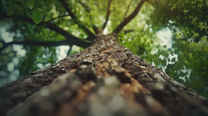 This photo captures an upward view of a tree trunk with textured bark leading to a canopy of leaves and branches The muted tones of green and brown create a serene and natural atmosphere