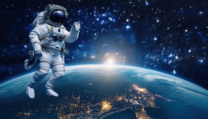 Astronaut in the outer space over the nightly planet Earth. City lights. Abstract wallpaper.