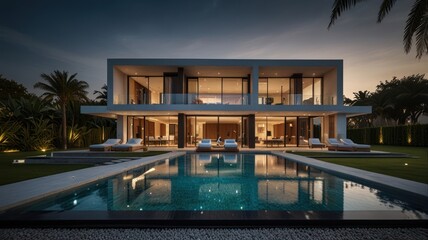 Fototapeta premium Modern luxury home with swimming pool at dusk.