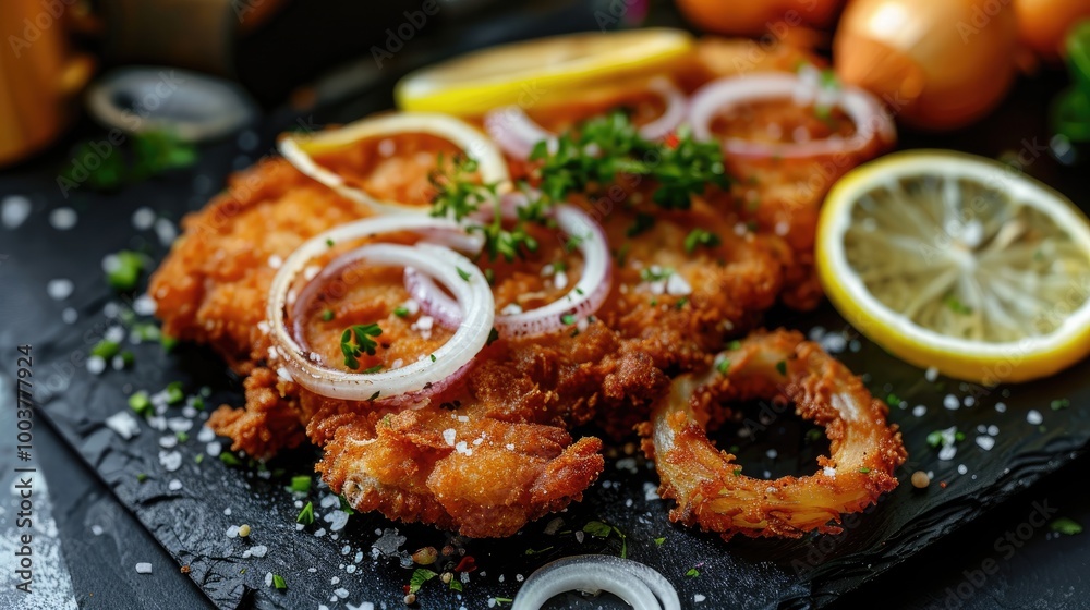Poster traditional deep fried schnitzel with lemon slices and onion rings served as close up on a black tra