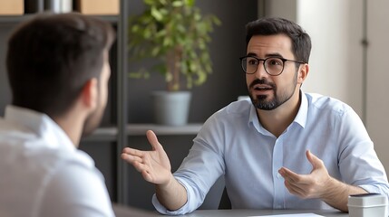 Fototapeta premium Businessman passionately explaining his ideas during a discussion at the office