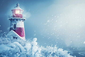 Generative ai on theme of large retro lighthouse with beam of bright light shining out to blue sea