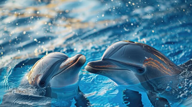 Two Dolphins Swim in the Pool and Ask for Fish Food Sided Couple of Dolphins Play in Blue Waters Ocean Life Photography Vertical Photo