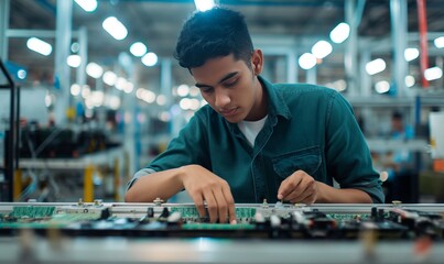 young male worker of indian or turkish descent in a green shirt working on a circuit board at a factory production line, representing modern technology and electronics manufacturing