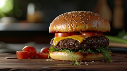 A delicious cheeseburger with a juicy beef patty and a ripe tomato slice on top ready to be savored