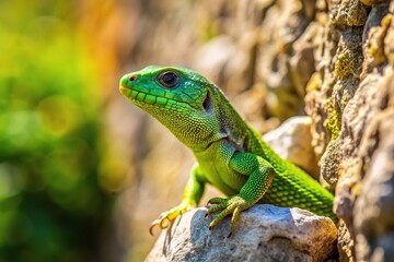 Fototapeta premium Leading Lines Basking in the Sun A Green Lizard Clings to the Warm Textured Stone Wall