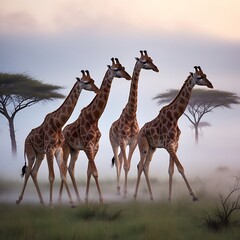 This mesmerizing image captures the enchanting sight of giraffes walking through a misty savannah at dawn. The tall, graceful forms of the giraffes emerge from the soft fog.