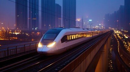 Fototapeta premium Modern Train Travels Through Cityscape at Dusk