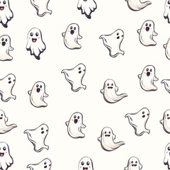 Happy Halloween seamless background with cartoon halloween ghost illustrations in light background, vector flat style