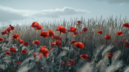 Obraz premium Poppies in a grain field Splashes of colour backlit against a grey sky Beautiful contrast with deep red