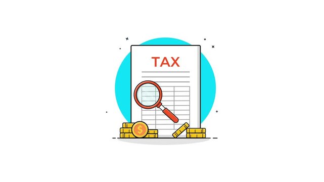 4k Tax Paper with Magnifying Glass and Gold Coin. Taxation Concept Animation Video