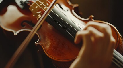 Fototapeta premium Close-up of a hand playing a violin, showcasing the instrument's details and craftsmanship.