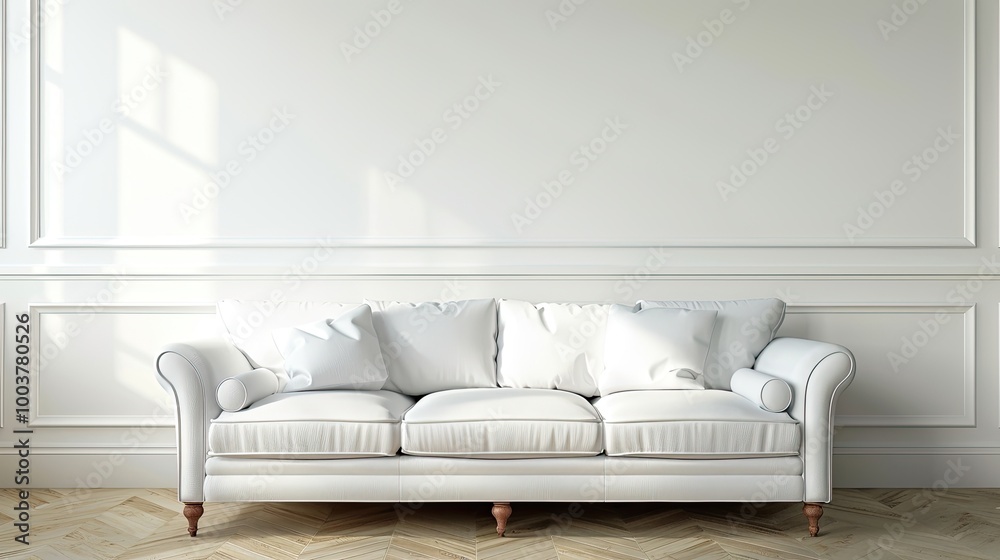 Poster horizontal view of white sofa in empty interior