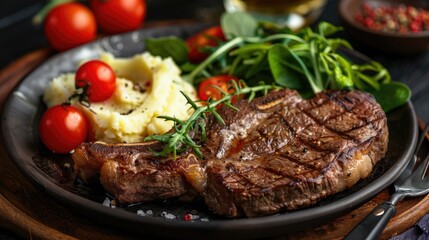 NZ ribeye steak pan seared to medium rare accompanied with real country creamy mashed potato cherry tomatoes on vine garden mesclun salad