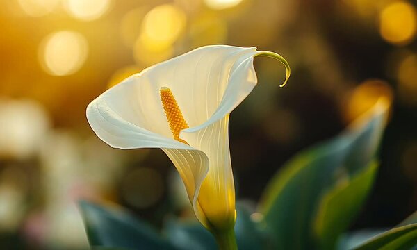 Close-up of a white calla lily with a yellow stamen, illuminated by the warm glow of sunset.