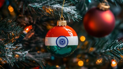 christmas tree with an indian flag in the background, featuring a red and green ball-shaped ornament with the national emblem of india at its center, creating a festive and patriotic atmosphere
