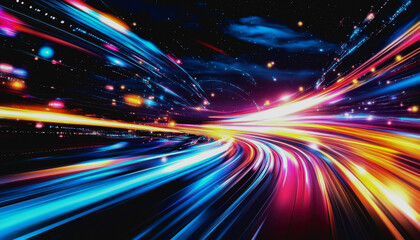 Obraz premium Vibrant futuristic twilight scene with satellite, light beams, and a starry sky