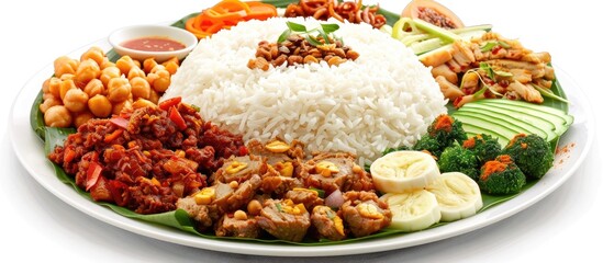 Nasi Kucing or Nasi Bungkus with various toppings displayed on a white background for a copy space image
