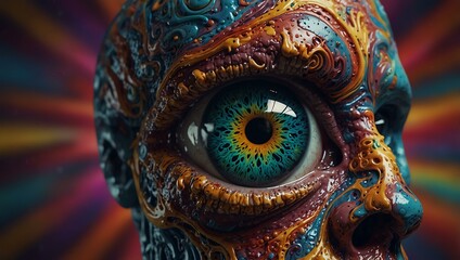 A swirling psychedelic eye opens and closes, forming a skull around it.