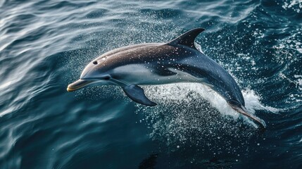 A dolphin leaps out of the water. The photo captures the dolphin's graceful movement and the spray of water created by its jump.