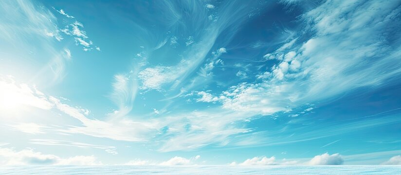 A banner themed photo with a scenic view of a clear blue sky winter clouds being swept by the wind and room for additional text or images