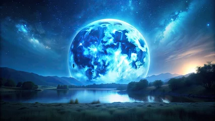 peaceful, serene, nature, darkness, mountains,night, A stunning nighttime landscape with a majestic large blue moon glowing in the sky casting a ethereal glow upon the landscape below
