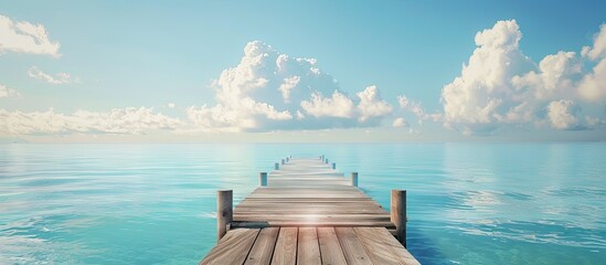 In summer a picturesque scene at the seaside with a wooden pier under a light blue sky by the azure water ideal for product promotion with copy space image