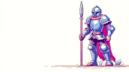 Fototapeta premium Pixel art knight standing guard with spear