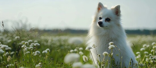 Fototapeta premium German Spitz dog with white fur in a meadow setting with copy space image