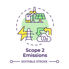 Scope 2 emissions multi color concept icon. Electrification, manufacturing. Co2 pollution. Round shape line illustration. Abstract idea. Graphic design. Easy to use infographic, presentation